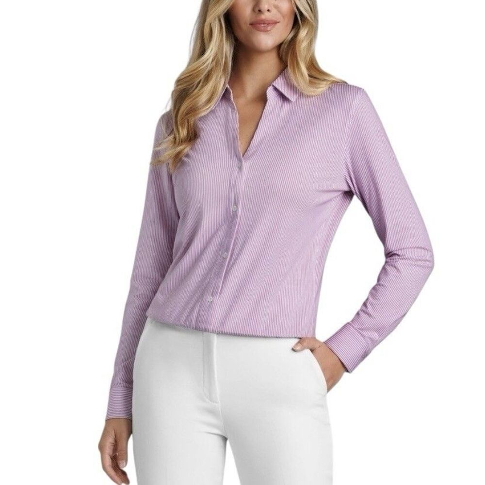Buttercloth Blouse Women's Small White Purple Icy Cotton Striped Pre-Tucked Fit